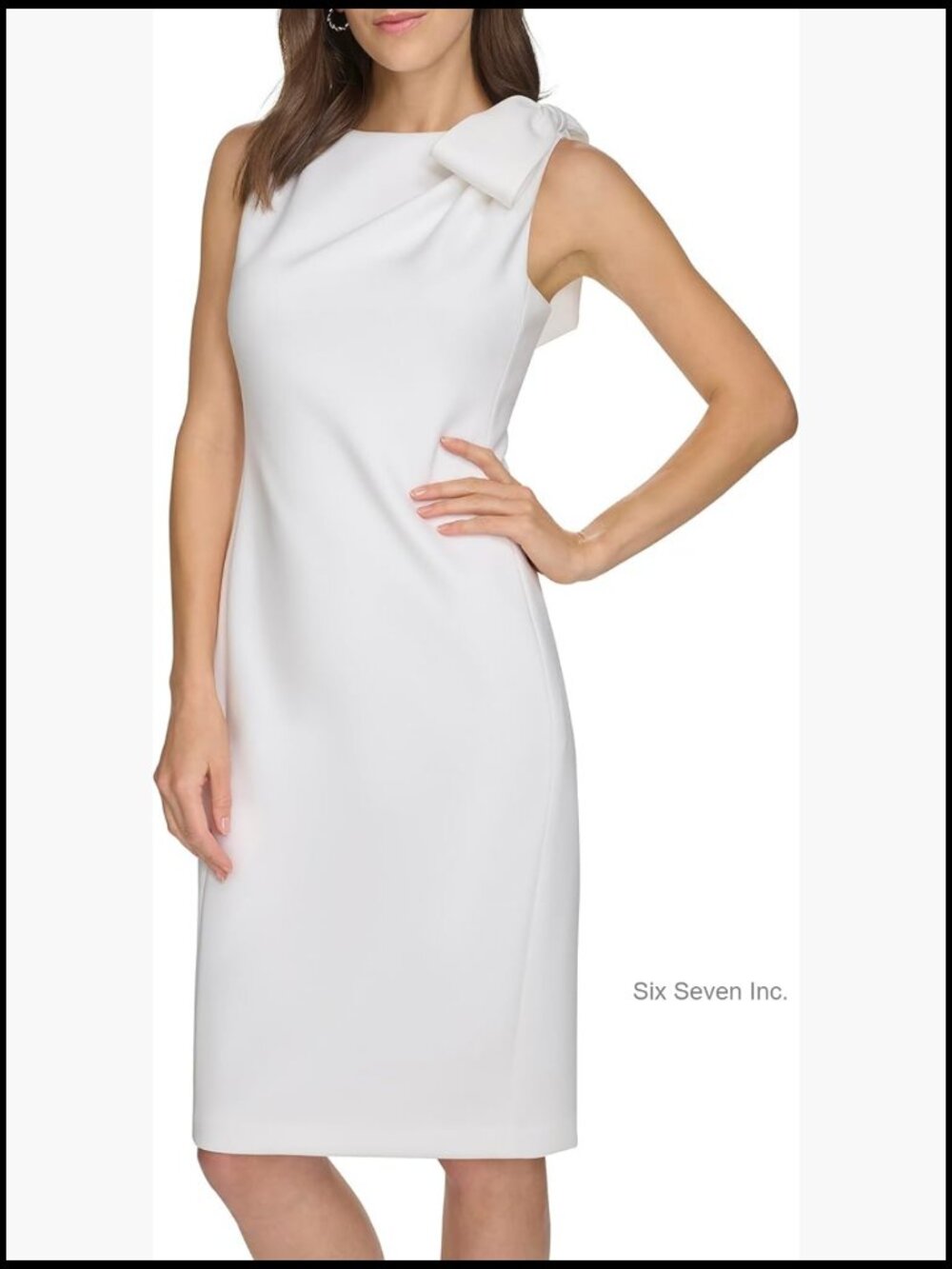 Sleeveless Bow Shoulder Detail Knee Length Crepe Sheath Dress